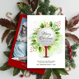 Festive Golf Tee Shot Christmas Greenery Photo Holiday Card