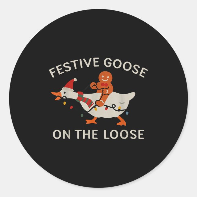 Festive Goose On The Loose Funny Gingerbread Chris Classic Round Sticker (Front)