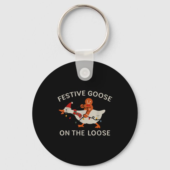 Festive Goose On The Loose Funny Gingerbread Chris Key Ring (Front)