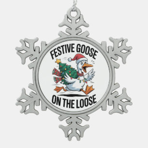Festive Goose on the Loose Funny Goose Snowflake Pewter Christmas Ornament