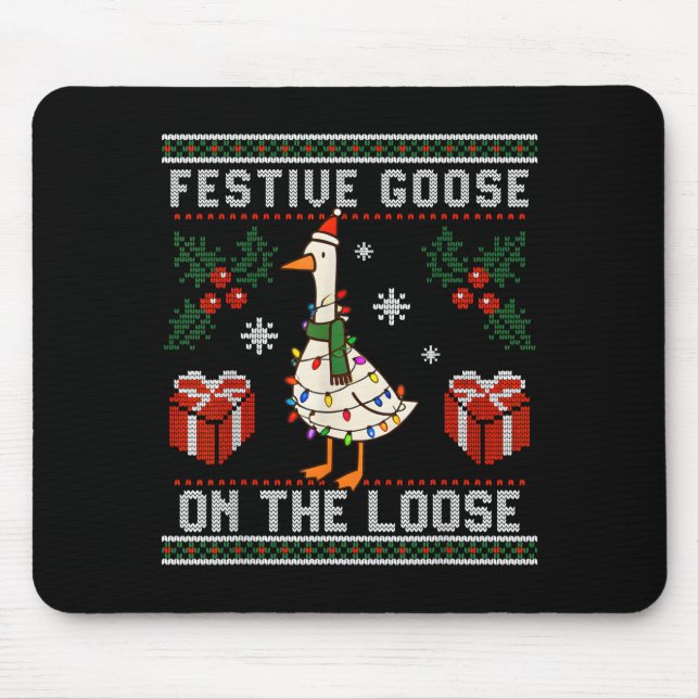Festive Goose On The Loose Funny Ugly Sweater Chri Mouse Pad (Front)