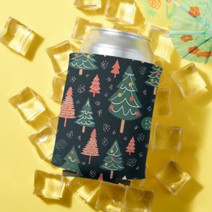 Festive Green and Coral Christmas Tree Pattern Can Cooler