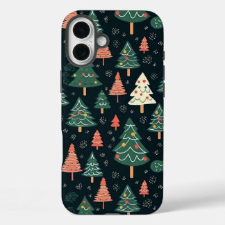 Festive Green and Coral Christmas Tree Pattern iPhone 16 Plus Case