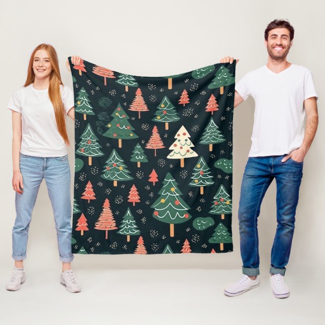  Festive Green and Coral Christmas Tree Pattern  Fleece Blanket (In Situ)