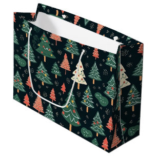 Festive Green and Coral Christmas Tree Pattern Large Gift Bag