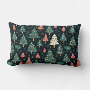 Festive Green and Coral Christmas Tree Pattern Lumbar Cushion