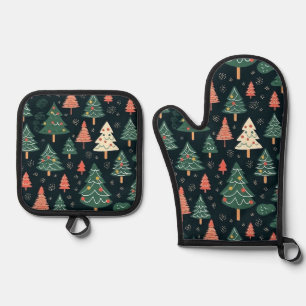 Festive Green and Coral Christmas Tree Pattern Oven Mitt & Pot Holder Set