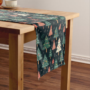 Festive Green and Coral Christmas Tree Pattern Short Table Runner