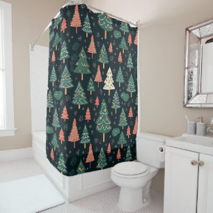 Festive Green and Coral Christmas Tree Pattern Shower Curtain