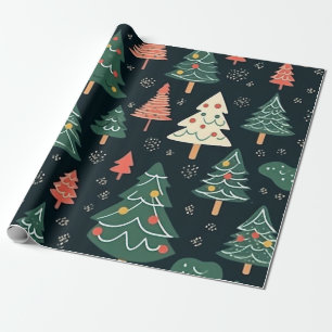 Festive Green and Coral Christmas Tree Pattern Wrapping Paper