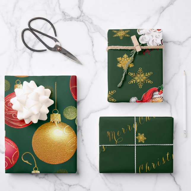 Festive Green and Gold Christmas Script  Wrapping Paper Sheet (Front)