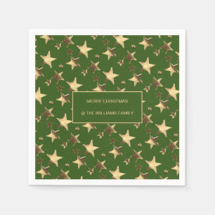 Festive Green and Gold Christmas Stars Add Name Napkin