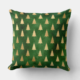 Festive Green and Gold Foil Winter Christmas Tree Cushion