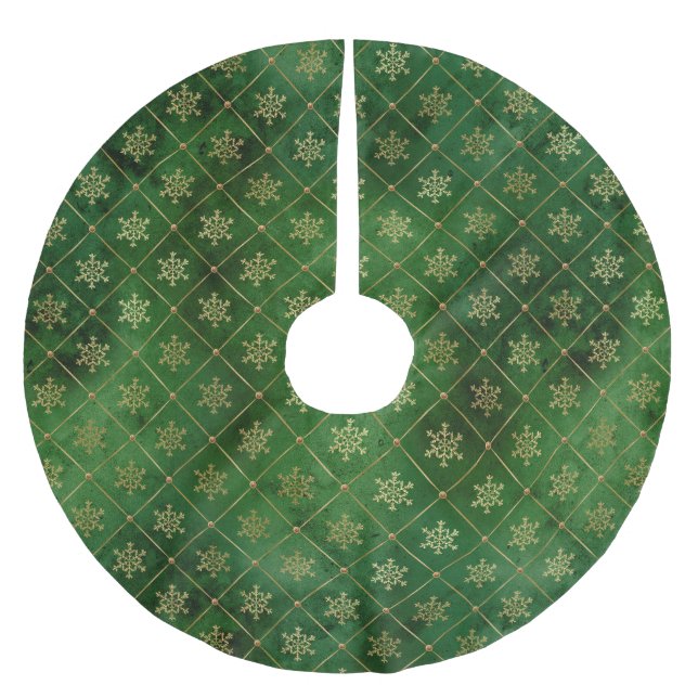 Festive Green and Gold Foil Winter Snowflakes Brushed Polyester Tree Skirt (Front)