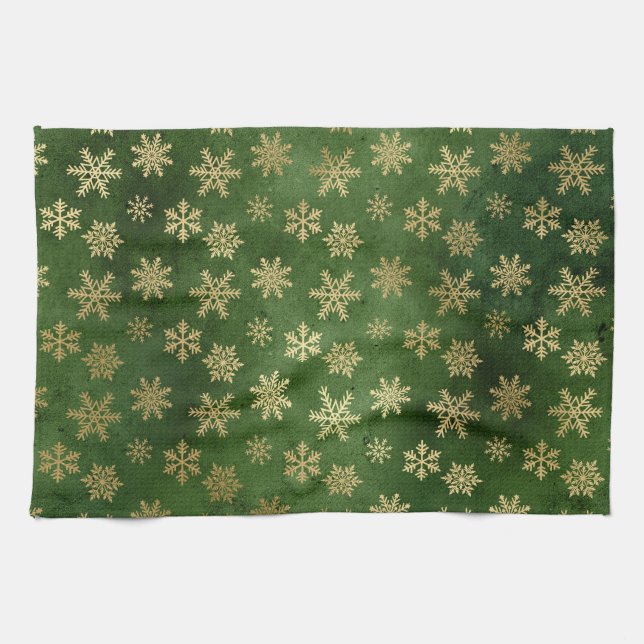 Festive Green and Gold Foil Winter Snowflakes Tea Towel (Horizontal)