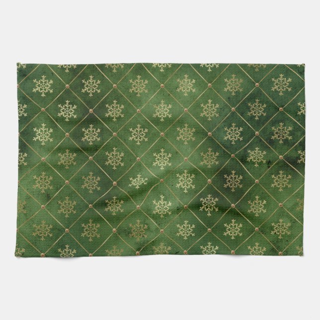 Festive Green and Gold Foil Winter Snowflakes Tea Towel (Horizontal)