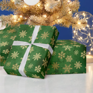 Festive Green and Gold Foil Winter Snowflakes Wrapping Paper