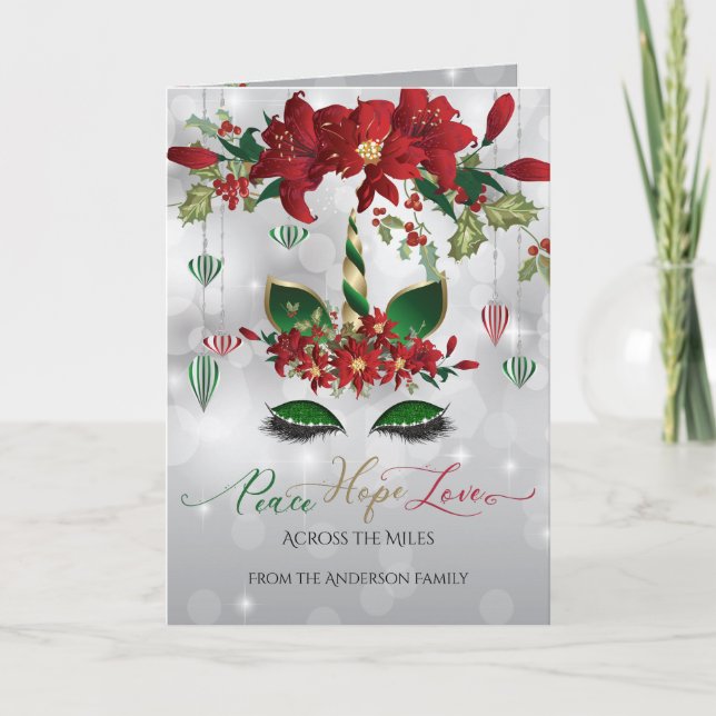 Festive Green and Gold Holiday Unicorn Face Card (Front)