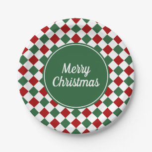 Festive Green And Red Checked Christmas Paper Plate
