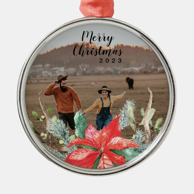 Festive Green and Red Christmas Holiday Photo Metal Tree Decoration (Front)