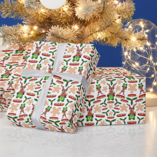 Festive Green And Red Kasky Christmas Reindeer Wrapping Paper
