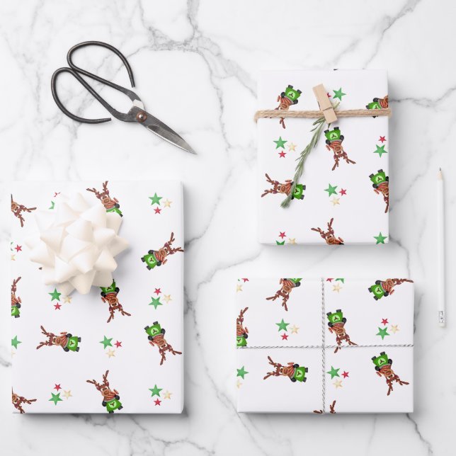 Festive Green And Red Kasky Christmas Reindeer Wrapping Paper Sheet (Front)