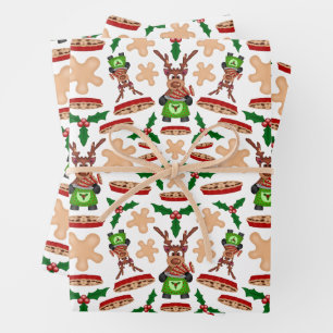 Festive Green And Red Kasky Christmas Reindeer Wrapping Paper Sheet