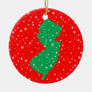Festive Green and Red Map of New Jersey Snowflakes Ceramic Tree Decoration
