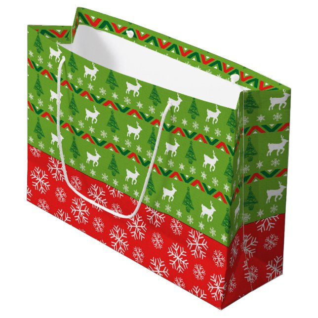 Festive Green and Red Reindeer and Snowflakes Large Gift Bag (Front Angled)