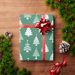 Festive Green and White Christmas Tree Pattern Wrapping Paper