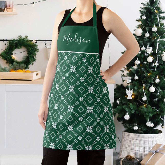 Festive Green and White Nordic Snowflake Pattern Apron (Creator Uploaded)