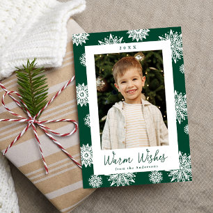 Festive Green and White Snowflakes Photo Holiday Card