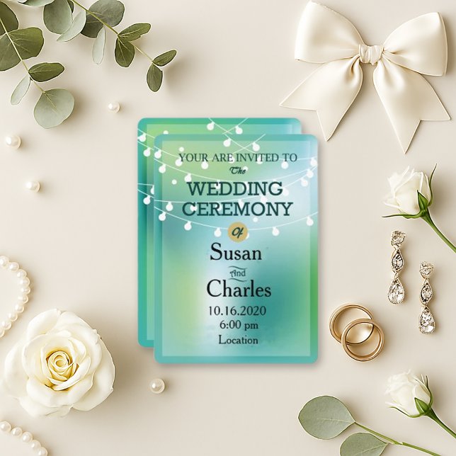 Festive Green Blue Glow String Light Wedding  Invitation (Creator Uploaded)
