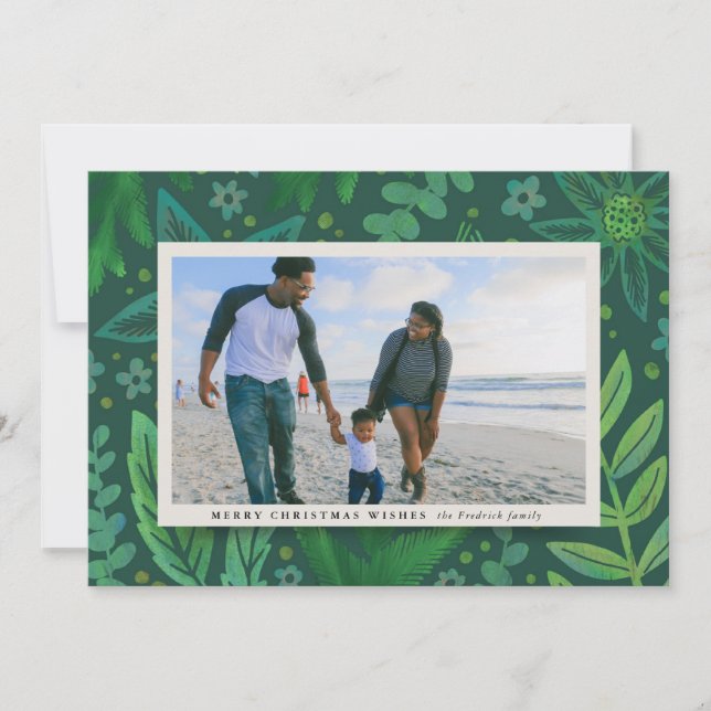 Festive Green Botanical Christmas Photo Christmas Holiday Card (Front)