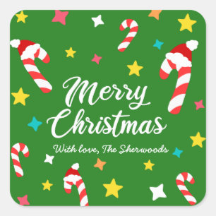 Festive Green Candy Cane Pattern Merry Christmas Square Sticker