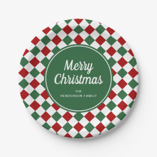 Festive Green Checked Merry Christmas Paper Plate