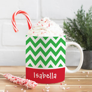 Festive Green Chevron Christmas Custom Name Coffee Mug