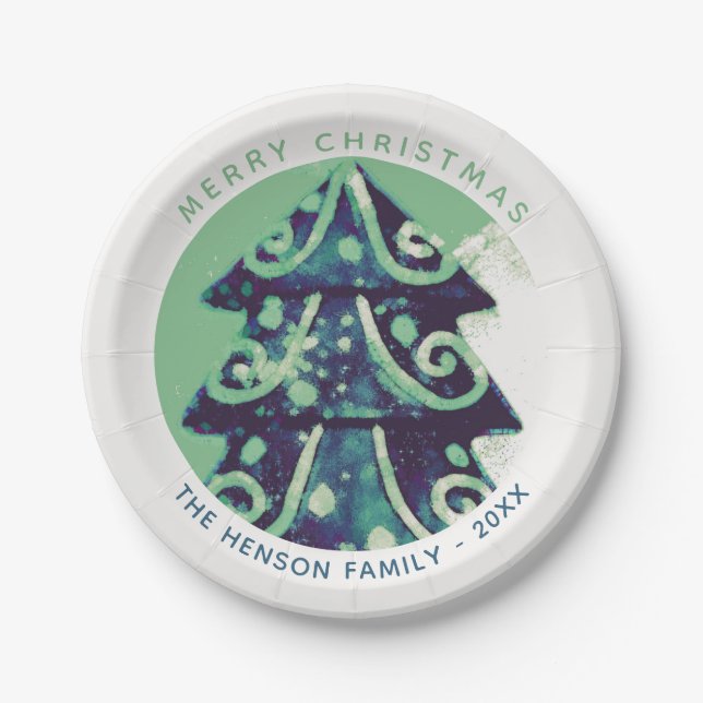 Festive Green Christmas Tree Family Holidays Paper Plate (Front)