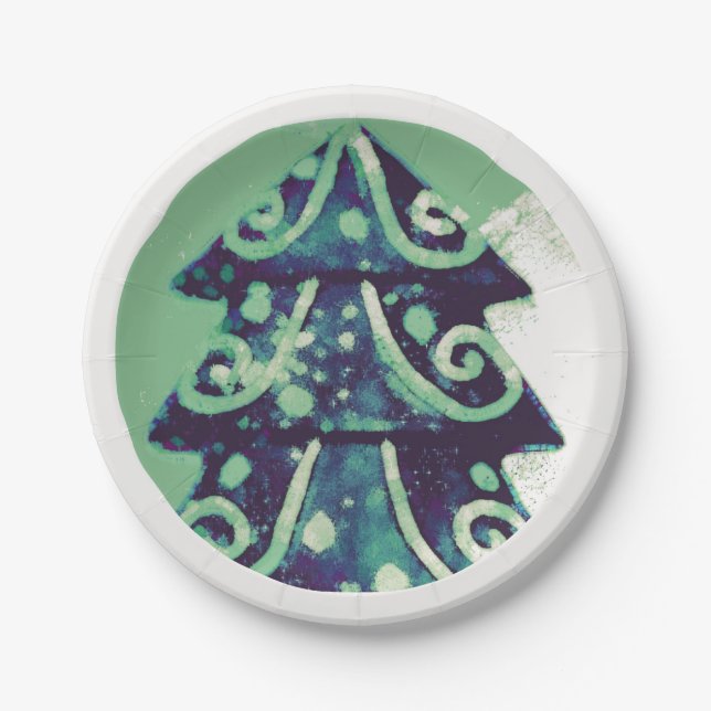 Festive Green Christmas Tree Holidays Paper Plate (Front)