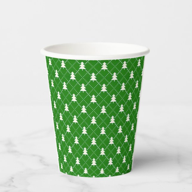 Festive Green Christmas Tree Pattern Paper Cups (Front)