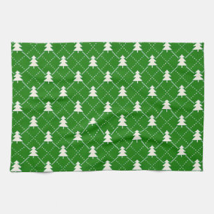 Festive Green Christmas Tree Pattern Tea Towel