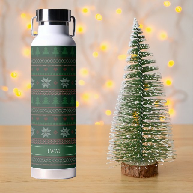 Festive Green Christmas Tree Snowflakes Pattern Water Bottle (Creator Uploaded)