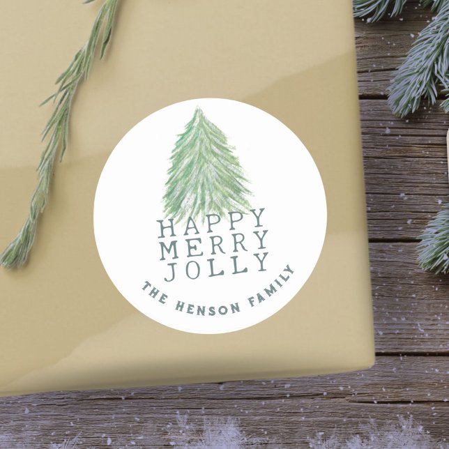 Festive Green Christmas Tree Watercolor Holiday  Classic Round Sticker (Creator Uploaded)