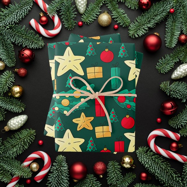 Festive Green Christmas With Holiday Icons Wrapping Paper Sheet (Creator Uploaded)