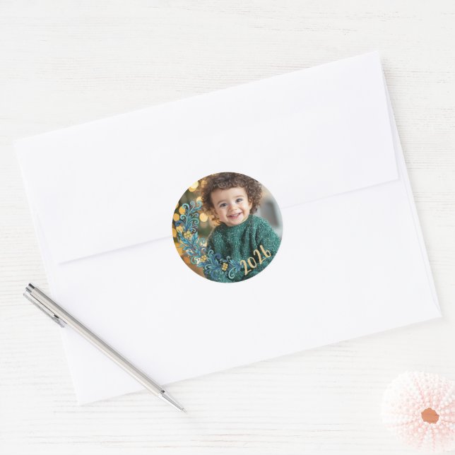 Festive Green Dated Photo Christmas Classic Round Sticker (Envelope)