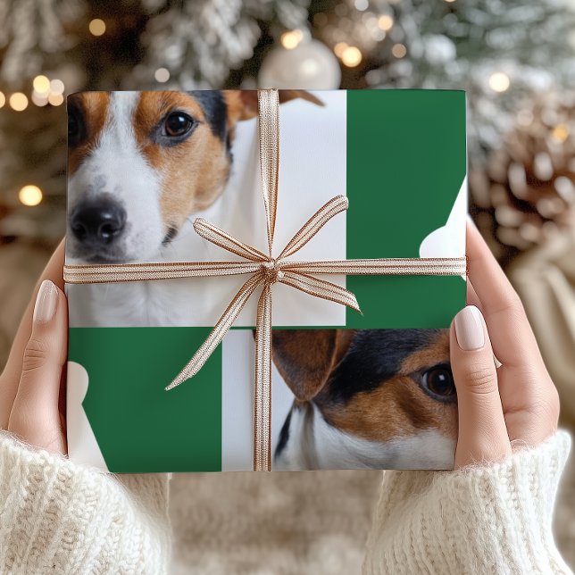 Festive Green Dog Bones Photo Collage Christmas Wrapping Paper (Creator Uploaded)