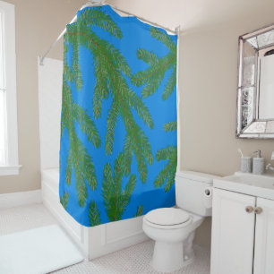 Festive Green fir tree branches and twigs Blue Shower Curtain