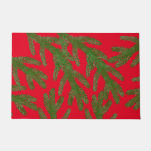 Festive Green Fir Tree Branches  on Red  Doormat