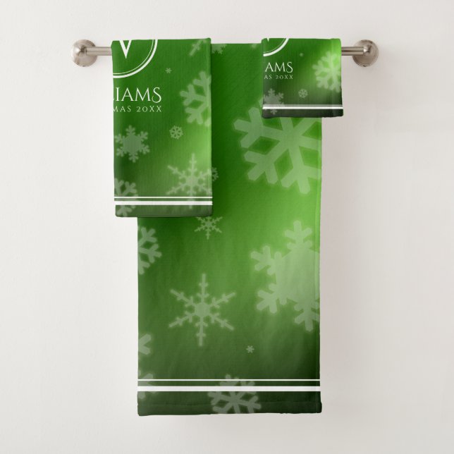 Festive Green Foil Snowflakes Monogram Name Bath Towel Set (Insitu)