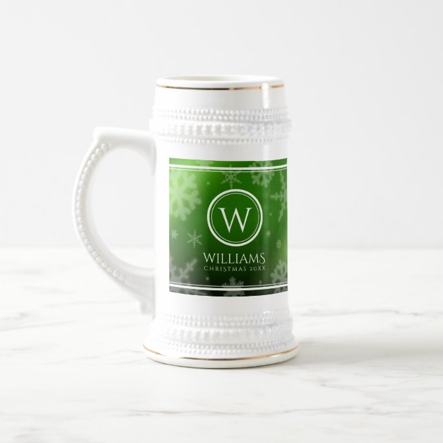 Festive Green Foil Snowflakes Monogram Name Beer Stein (Left)